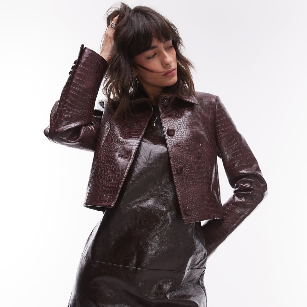 Mango Croc-Embossed Leather Jacket in Deep Brown